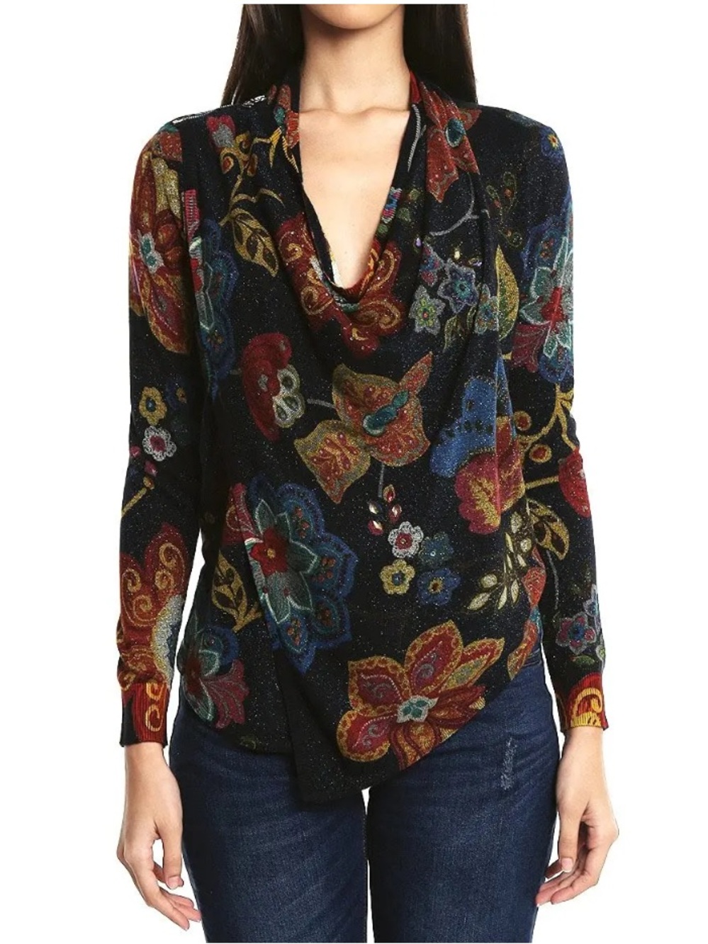 Desigual Black Floral Drape-Neck Pullover with Multicolor Print